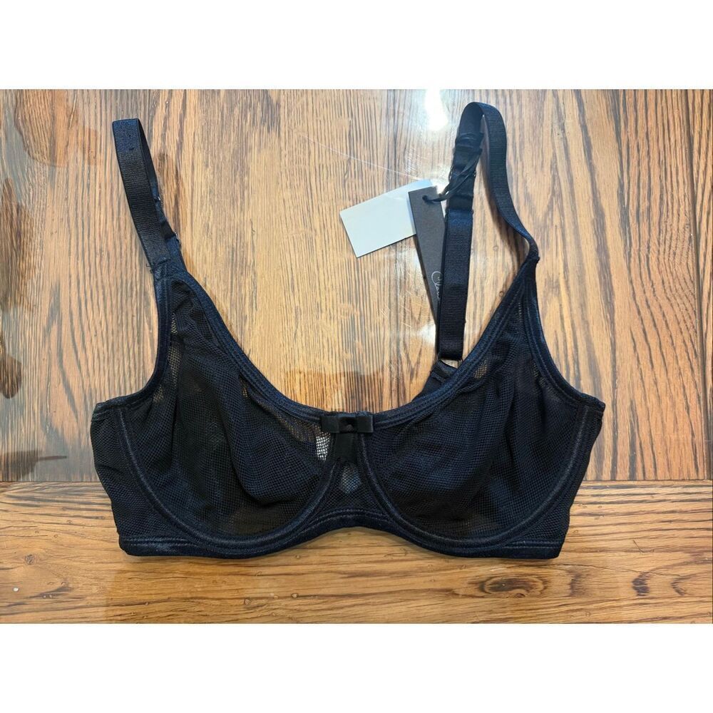Claudette Licorice Black Sheer Mesh Cups Underwire Plunge Bra Size 32DD NWT